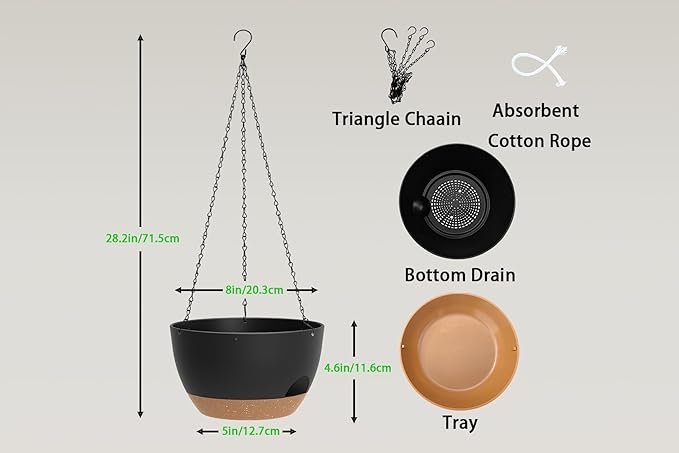 Hanging Planters 3-Pack, 8 Inch Self-Watering Hanging Pots with Drainage Hole and Chains, Plastic Planters for Indoor Outdoor（Black Brown） Rootora