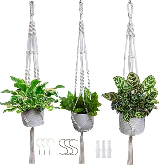 3 Pack Macrame Plant Hanger Indoor Hanging Planter for Plants Holder, Hanging Pot Holder Macrame Decorative Flower Pot Holder with 3 Hooks for Indoor Outdoor Boho Home Décor, Ivory (POTS NOT INCLUDED) Feedee