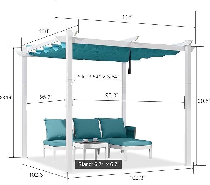 PURPLE LEAF 10' x 10' Outdoor Aluminum Pergola White Heavy-Duty Retractable Pergola Patio Metal with Double Sun Shade Canopy for Backyard Gardens Deck, Blue Rootora