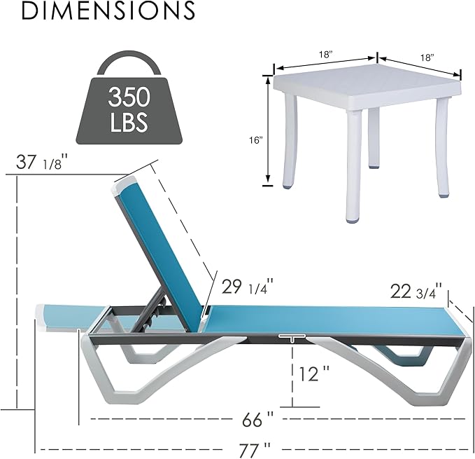 Kozyard Outdoor Chaise Lounge Chair, Full Flat Adjustable Patio Lounger with Aluminum Frame & Resin Legs, Textilene Fabric for Poolside, Backyard & Beach (Aqua/WhiteFrame, 2Chairs + Table) Kozyard