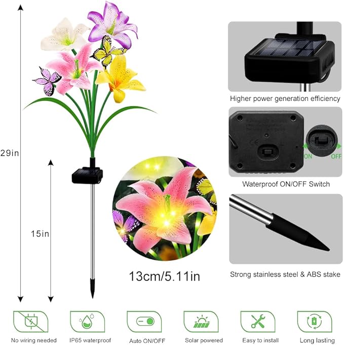 Solar Garden Lights 4 Pack LEDs Solar Lilies Flower Lights, Yard Patio Pathway Decoration High Flexibility Copper Wire Handmade Silk Artificial Flowers Never Wither, Gift for Family Friends stadeco