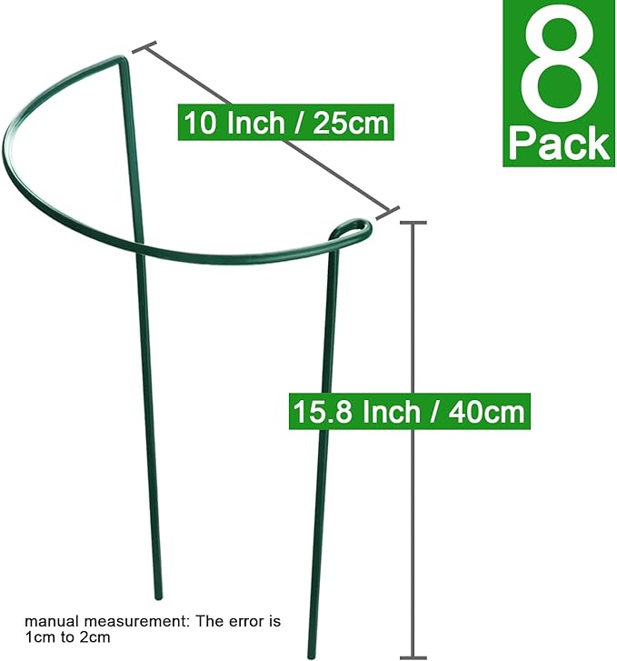 HiGift 8 Pack Plant Support Stakes, Half Round Metal Garden Plant Stake Indoor Peony Cages and Supports, Green Plant Support Ring Border for Tomato,Hydrangea,Flower Outdoor (10" Wide x 15.8" High) HiGift