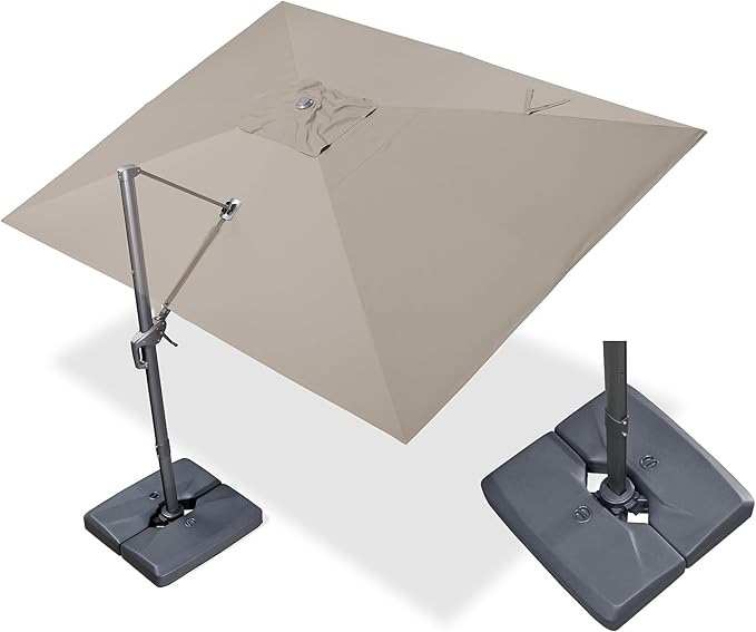 PURPLE LEAF 10' X 13' Rectangle Cantilever Umbrella with Base Outdoor Large Aluminum Patio Umbrella with 3-Year Fade Resistance Recycled Fabric and 360-degree Rotation for Deck Pool Garden, Ash Mocha Rootora