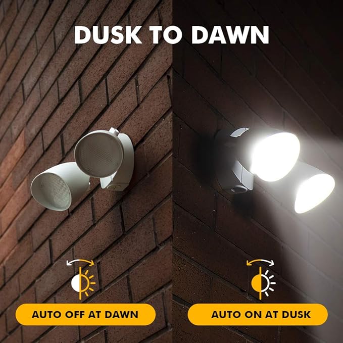 LUTEC 6222W-D2D 3500 Lumen 32 Watt Dusk to Dawn Dual-Head Flood Light Outdoor Waterproof Exterior Security Wall Light, Full Metal Design Floodlight for Patio, Garden, Yard-White LUTEC