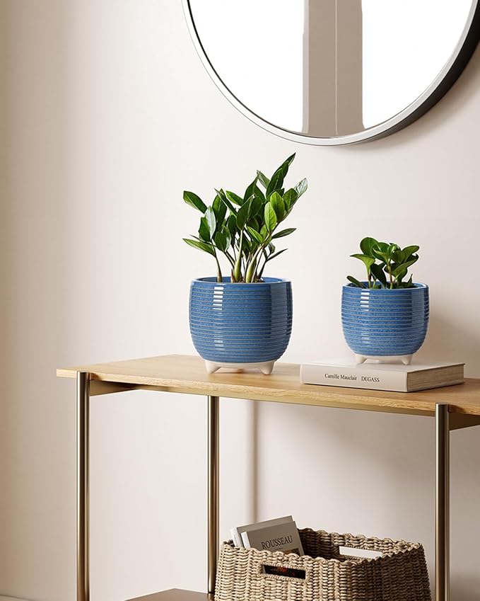LE TAUCI Ceramic Plant Pots, 5.1 + 6.4 Inch Footed Pots for Plants, Modern Flower Pots for Home and Office, Indoor Planters with Drainage, Reactive Glaze Blue LETAUCI
