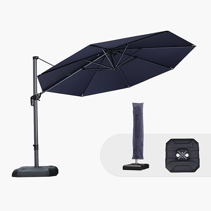 PURPLE LEAF 11 Feet Patio Umbrella with Base and Cover Round Outdoor Cantilever Umbrella Aluminum Offset Umbrella with 360-degree Rotation for Garden Deck Pool Patio Navy Blue PURPLELEAF