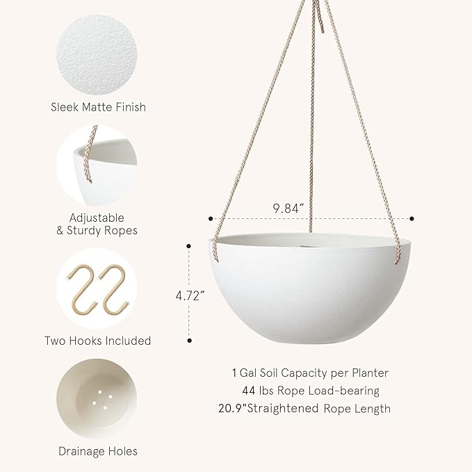 LA Jolie Muse Hanging Planter - 9.84 Inch Hanging Planters for Indoor Plants, Hanging Pots for Plants Indoor Outdoor, Set of 2, White LaJol%C3%ADeMuse