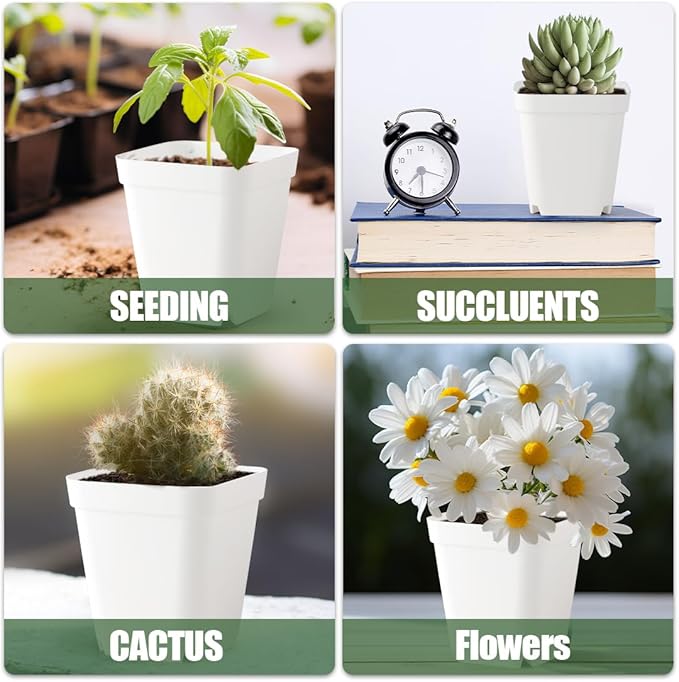 80 Pcs Nursery Pots 4 Inch, Plastic Seed Starting Pot with Drainage Holes, Small Sturdy Seedling pots for Planting, Succulents, Transplanting, Cuttings (White) BTPLASTIK