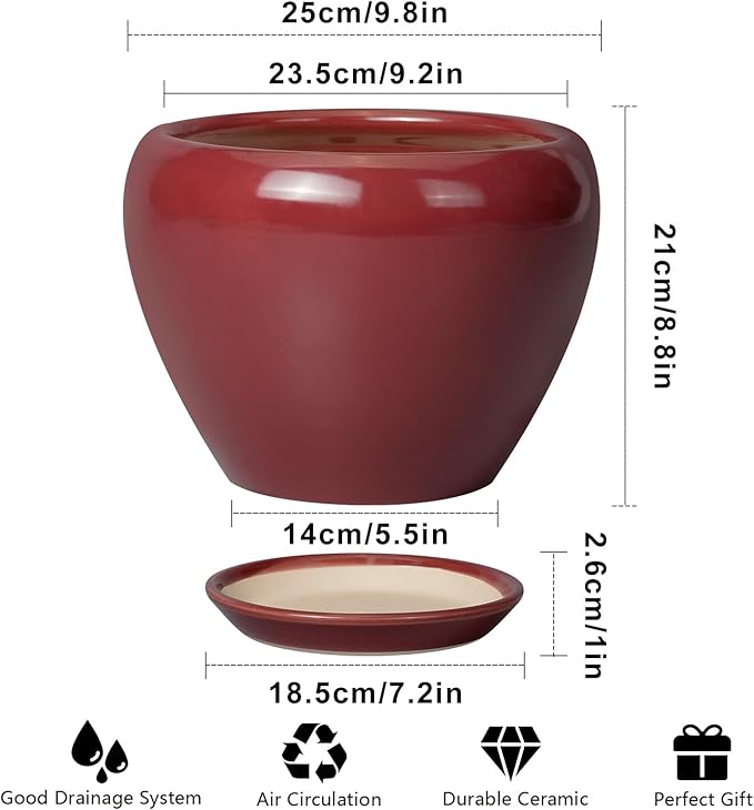 10 Inch Plant Pot - Ceramic Planter Pot with Drainage Hole and Saucer Large Planter for Indoor Plants Round Outdoor Flower Pot Mid-Century Decor Red Ceramicfor
