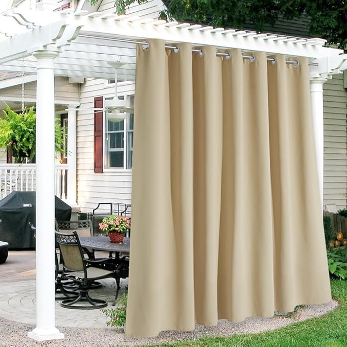 RYB HOME Extra Wide Outdoor Curtains for Patio Waterproof Heavy Duty Thermal Insulated in Summer Full Coverage Privacy for Gazebo, Cabana & Pergola, W100" x L120", Biscotti Beige, 1 Panel RYBHOME