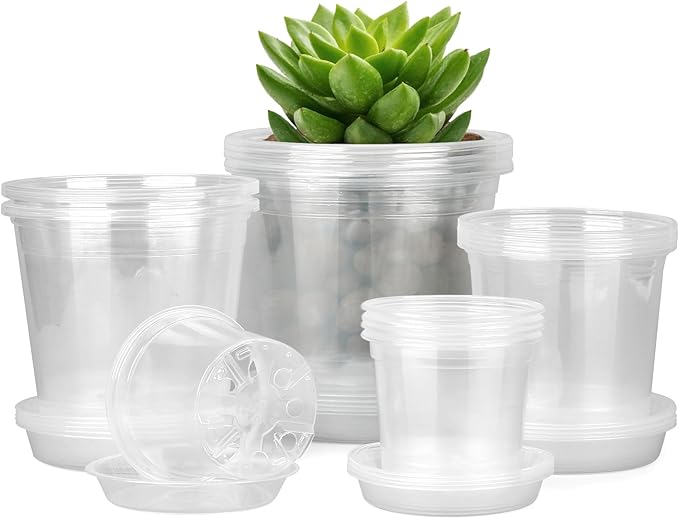 4/5/6/7 Inch Clear Nursery Pots for Plants with Sacuers 20 Pack, Plastic Flower Pots with Drainage Holes, Variety Pack Seedlings Garden Pot for Indoor Outdoor (4+5+6+7 inch) FUIJOL