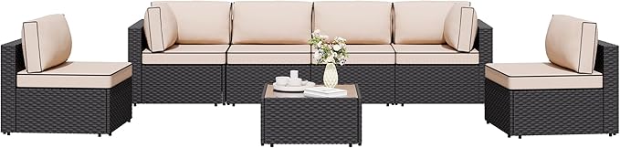Shintenchi 7 Pieces Outdoor Patio Sectional Sofa Couch, Wicker Furniture Conversation Sets with Washable Cushions & Glass Coffee Table for Garden, Poolside, Backyard (Khaki) Shintenchi