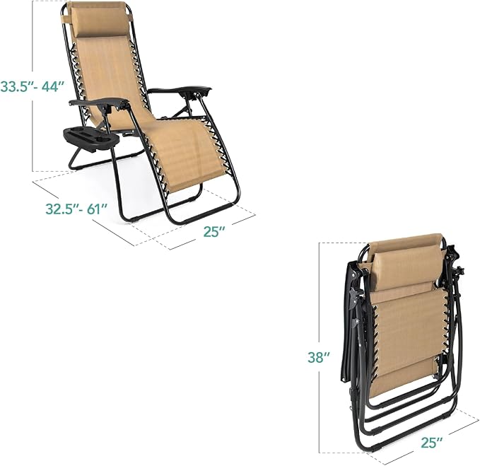 Best Choice Products Set of 2 Adjustable Steel Mesh Zero Gravity Lounge Chair Recliners w/Pillows and Cup Holder Trays - Beige BestChoiceProducts