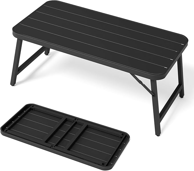 VINGLI Outdoor Folding Coffee Table, Rectangle Drainable Iron Patio Table for Balcony, Porch, and Living Room, Black VINGLI