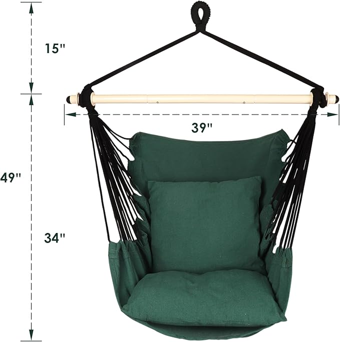 Highwild Hammock Chair Hanging Rope Swing - Max 500 Lbs - 2 Cushions Included - Steel Spreader Bar with Anti-Slip Rings - for Any Indoor or Outdoor Spaces (D- Cushions Included-Green) Highwild