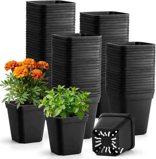 BTPLASTIK Square Nursery Pots 2.7 Inch 180 Pcs, Plastic Small Flower Pots with Drainage Holes, Sturdy Seedling pots for Planting, Cuttings (Black) BTPLASTIK