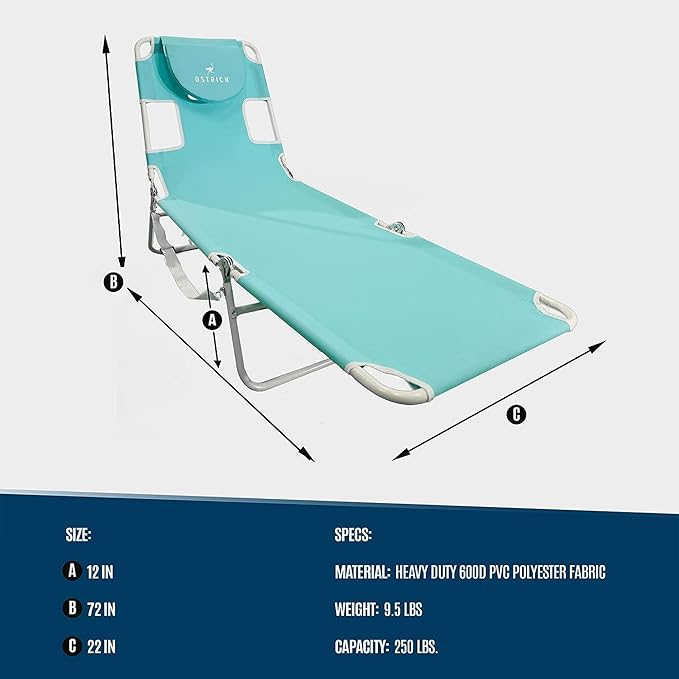 Ostrich 72 by 22 Inch Versatile Chaise Lounge Portable Reclining Lounger, Outdoor Patio, Beach, Lawn, Camping, or Pool Tanning Chair, Aqua OstrichProducts