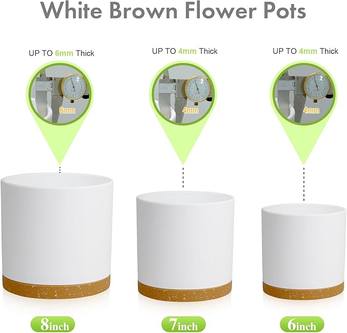 8/7/6 inch Plant Pots, 3 Pack Cylinder Flower Pots for Outdoor Indoor Plants, Decorative Plastic Planters with Drainage Holes and Saucers for Garden House Plants, White with Brown Meowell
