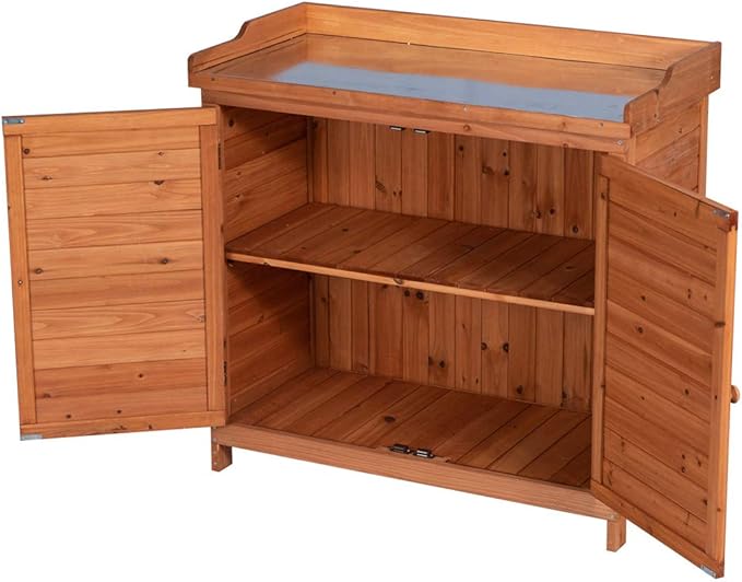 GDLF Outdoor Garden Patio Wooden Storage Cabinet Furniture Waterproof Tool Shed with Potting Benches Outdoor Work Station Table (Natural) GDLFGoodLife