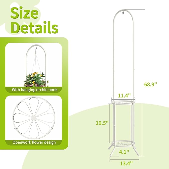 BMOSU Plant Stand with Hooks Indoor Outdoor Corner Tall Plant Stand Heavy-Duty Metal 3-Tier Plant Shelf Holder Rack for Patio Garden Balcony Living Room Bedroom(circular White) BMOSU