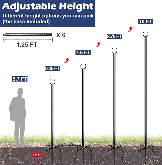 10FT String Light Pole for Outdoor, Heavy Duty Metal Lighting Stand Pole for Garden Lawn Backyard Patio Holiday Wedding Party Decorations (1 Pack) Eazielife