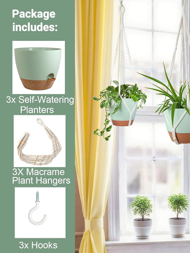 Self Watering Hanging Planters for Indoor Plants 3 Pack Macrame Plant Hangers with Drainage Holes Pots and Hooks for Home Garden Decor Green Bouqlife