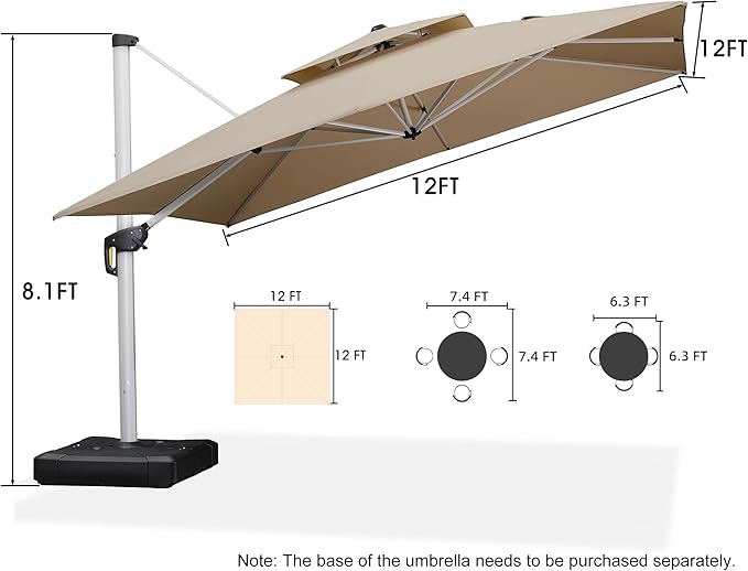 PURPLE LEAF 12 Feet Double Top Deluxe Square Patio Umbrella Offset Hanging Umbrella Cantilever Outdoor Market Umbrella Garden, Beige PURPLELEAF