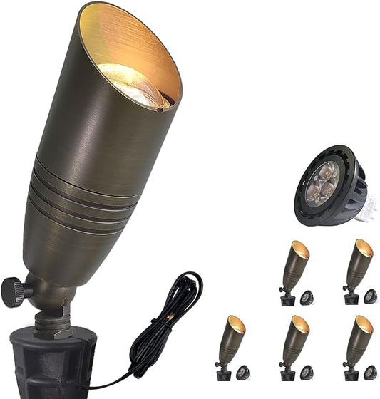 COLOER Brass Landscape Spotlights, 6 Pack Landscape Light Fixture with 5W Aluminum Housing MR16 LED Bulb 2700K 450LM,12V AC/DC Low Voltage Outdoor Spot Lighting,Uplight for Garden and Patio(102B) COLOER