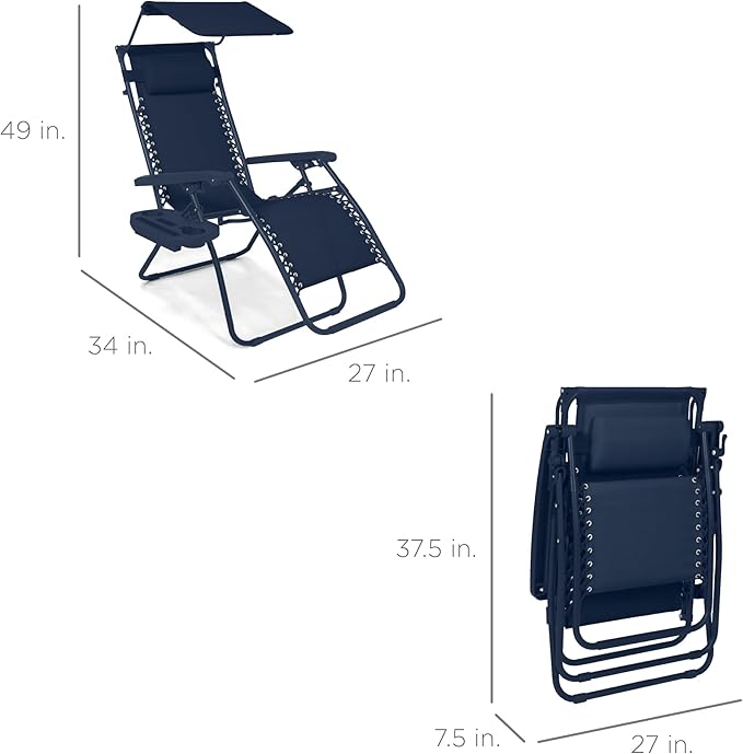 Best Choice Products Folding Zero Gravity Outdoor Recliner Patio Lounge Chair w/Adjustable Canopy Shade, Headrest, Side Accessory Tray, Textilene Mesh - Navy BestChoiceProducts