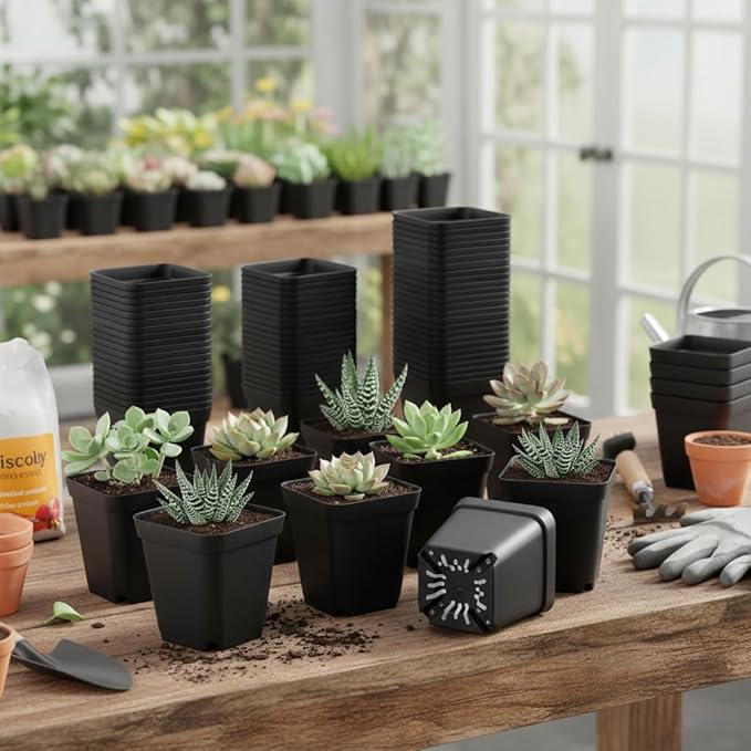 60 Pcs Nursery Pots 2.7 Inch, Plastic Seed Starting Pot with Drainage Holes, Sturdy Seedling pots for Planting, Cuttings (Black) BTPLASTIK