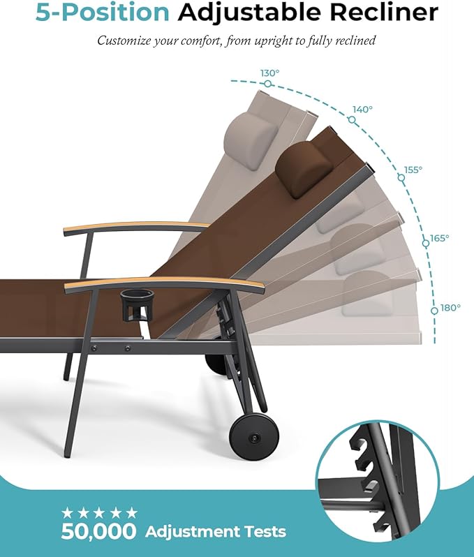 Ciokea Outdoor Lounge Chair with Pillow, 5-Position Aluminum Chaise Lounge with Wheels & Armrests, 400 lbs Heavy Duty Patio Pool Chair for Deck, Backyard, Beach & Poolside, Brown CIOKEA