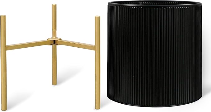 ARNIS Modern Plant Pots, Set of 2 Round Large Planters with Stand, Large Size Metal Pots with Drainage Holes for Living Room, Office, Garden or Balcony, 10.5 &12.25 Inch, Black & Gold ARNIS