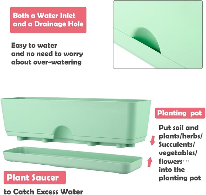 6 Pack Rectangle Planter 16x4.4 Inch Window Boxes Planters Rectangular Large Window Sill Planters Indoor Self Watering Plant Pots with Drainage Holes and Saucers Succulent Herb Flower Pots, Green KvyusFlourish