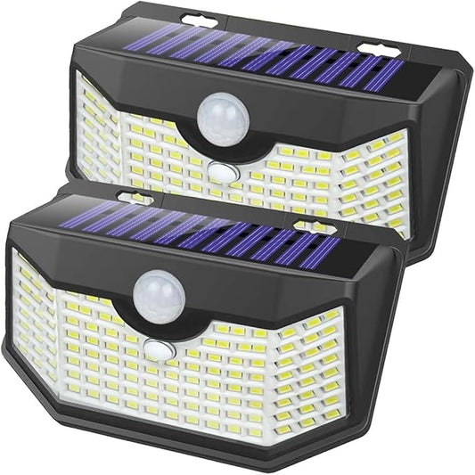 HMCITY 120 LED Outdoor Solar Lights with Motion Sensor and 3 Lighting Modes, IP65 Waterproof Wide Solar Wall Lights Ideal for Garden Patio Yard (Front Button 2Packs, Black Shell-Daylight White) LightingUpYourLife