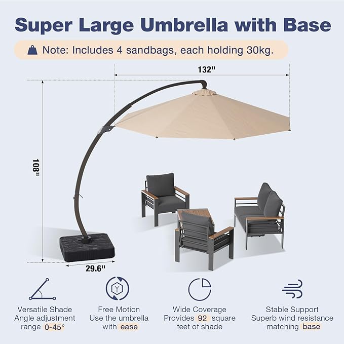 Aoxun Aluminum Patio Furniture Set with Umbrella 4 Seats, Oversized Outdoor Sectional with Washable Thick Cushions, Coffee Table and Waterproof Cover, Patio Conversation Sets for Porch, Balcony, Deck Aoxun