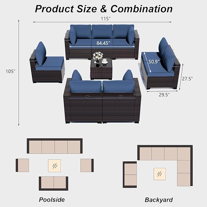 ALAULM Patio Furniture Set with Coffee Table, 9 Pieces Outdoor Sectional with Wide Seat and Thick Cushion, All Weather Wicker Rattan Conversation Set for Backyard, Garden, Deck, NavyBlue ALAULM