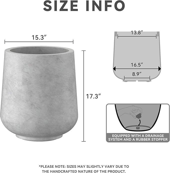 Kante 15.3" Dia Round Concrete Planter, Outdoor Indoor Large Plant Pots Containers with Drainage Hole and Rubber Plug for Home Garden Patio, Natural Concrete Kante