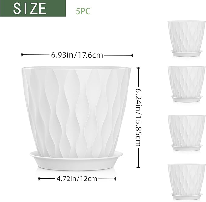 7 Inch Plant Pots 5 Pack, Flower Planters with Drainage Holes and Trays,Plastic Pots for Indoor Outdoor Plants,White SQKH