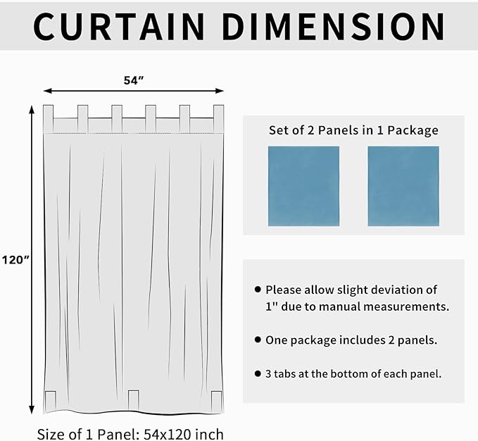 Easy-Going Outdoor Patio Curtains Detachable Tab Top Windproof Weatherproof Curtain for Cabana, Porch, Pergola and Gazebo, Tab Bottom Drape, 2 Panels, 54W x 120L inch, Sky Blue Easy-Going