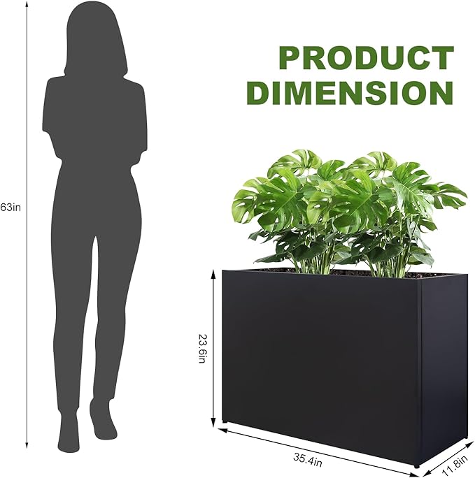 Metal Planter Box Rectangular Block - Modern Outdoor Galvanized Steel Long Box Planters All-Weather Use with Drainage Holes for Patio/Porch, 35.5×24×12IN Zezgeuro