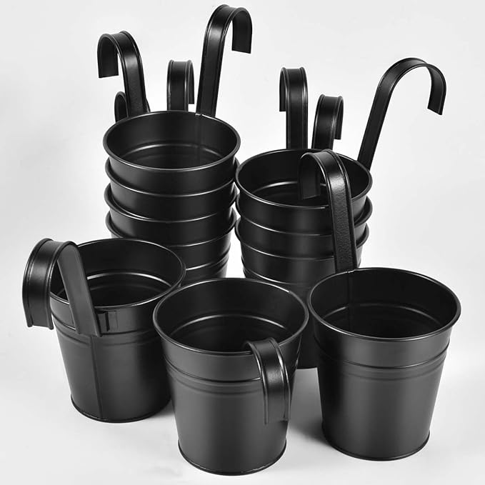 OBTANIM 12 Pack Metal Hanging Flower Pots Railing Planter Outdoor Fence Hanging Bucket Plant Holder with Detachable Hooks Drain Holes for Home Garden Yard Decor (Black, 4 x 4 Inch) OBTANIM