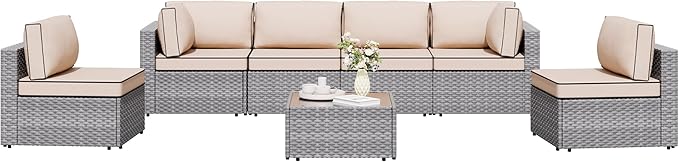 Shintenchi 7 Pieces Outdoor Patio Sectional Sofa Couch, Silver Gray PE Wicker Furniture Conversation Sets with Washable Cushions & Glass Coffee Table for Garden, Poolside, Backyard (Khaki) Shintenchi