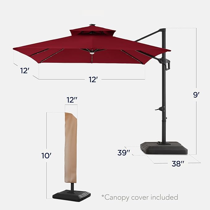 Best Choice Products 12x12ft LED Cantilever Patio Umbrella w/Base Included & 360° Rotation, Large Solar Offset Hanging Outdoor Sun Shade for Deck, Backyard Table w/Stand & Lights – Burgundy BestChoiceProducts
