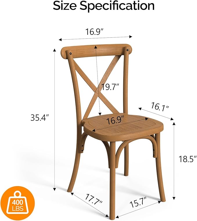 VINGLI Plastic Outdoor Dining Chairs Set of 2, Stackable Patio Dining Chairs with X Back, Waterproof Kitchen & Dining Room Chairs for Indoor-Outdoor, Capacity 400 lbs, Farmhouse Brown VINGLI