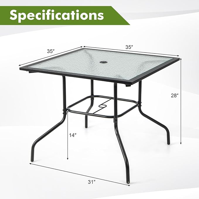 Tangkula 35 Inch Patio Dining Table with Tempered Glass Top, Square 4-Person Outdoor Bistro Table with 1.5" Umbrella Hole & Sturdy Metal Frame, Patio Dining Table for Backyard, Lawn, Deck & Poolside TANGKULA