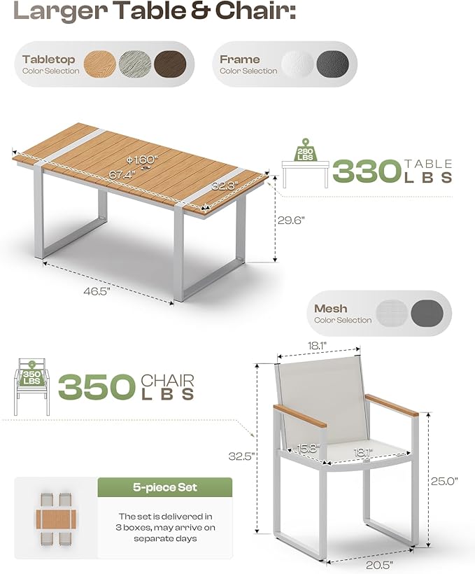 Outdoor Dining Table for 6, HDPS+ Aluminum Patio Dning Table with U-Shape Leg, Size: 67.4"*32.3"*29.6",Modern Rectangular Table for Lawn, Garden (White-Teak) Oasbira