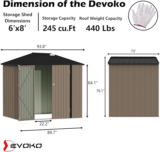 Devoko Outdoor Storage Shed 8 x 6 FT Lockable Metal Garden Shed Steel Anti-Corrosion Storage House with Single Lockable Door for Backyard Outdoor Patio (Brown) DEVOKO
