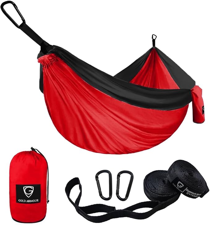 Gold Armour Camping Hammock - XL Double Hammock Portable Hammock Camping Accessories Gear for Outdoor Indoor with Tree Straps, USA Based Brand (Red and Black) GoldArmour