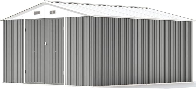 Patiowell 10 x 12 FT Metal Storage Shed for Outdoor, Steel Yard Shed with Design of Lockable Doors, Utility and Tool Storage for Garden, Backyard, Patio, Outside use, Gray Patiowell
