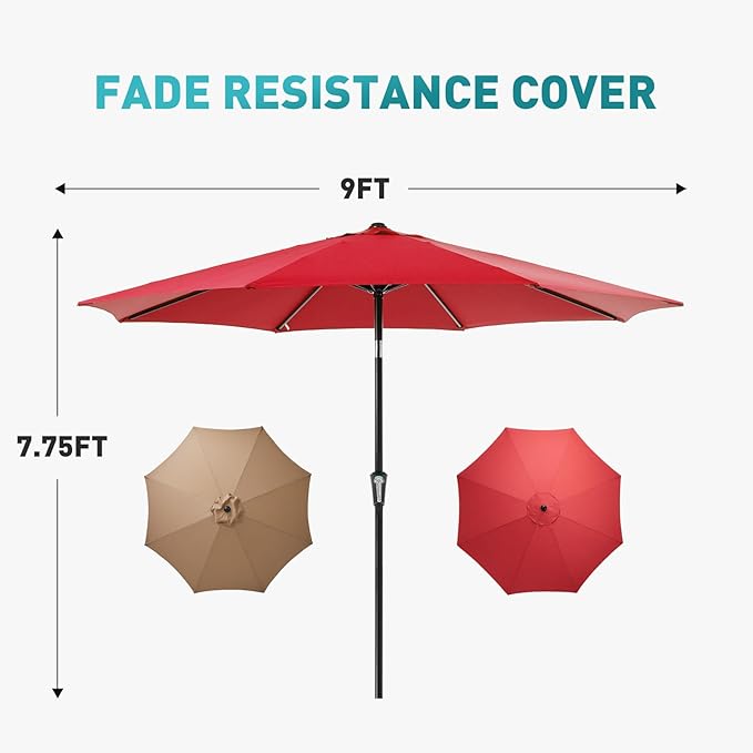 OLIXIS 9ft Patio Umbrella with Tilt and Crank Button & 8 Sturdy Ribs Waterproof, Patio Table Umbrella Perfect for Poolside, Terrace, Beach and Outdoor Restaurant, Red OLIXIS